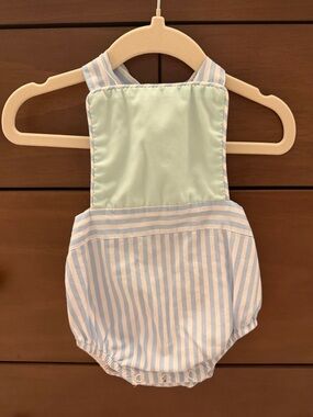 The Beaufort Bonnet Company - Sayre Sunsuit - Mint Green and Blue Stripe - 0/6M
